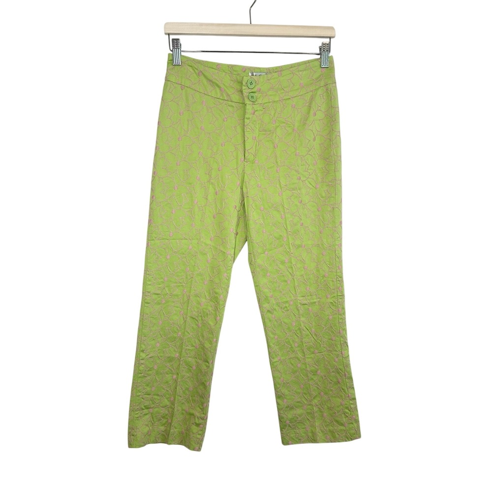 Will's River‎ Co. VTG Green Pink Floral Embroidered Pants Retro Bright Women's 8
